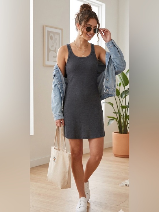 American Eagle Outfitters Dresses & Skirts - American Eagle Dress L Cotton Blend Waffle Scoop Neck Body Skimming Grey Large